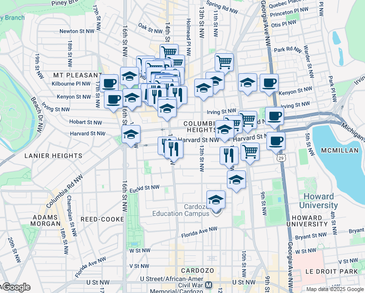 map of restaurants, bars, coffee shops, grocery stores, and more near 101 Independence Avenue Southeast in Washington