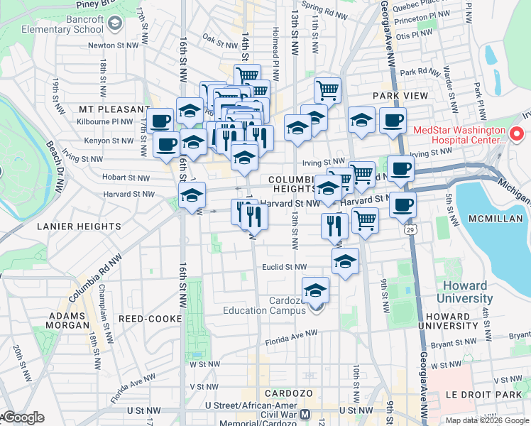 map of restaurants, bars, coffee shops, grocery stores, and more near 101 Independence Avenue Southeast in Washington