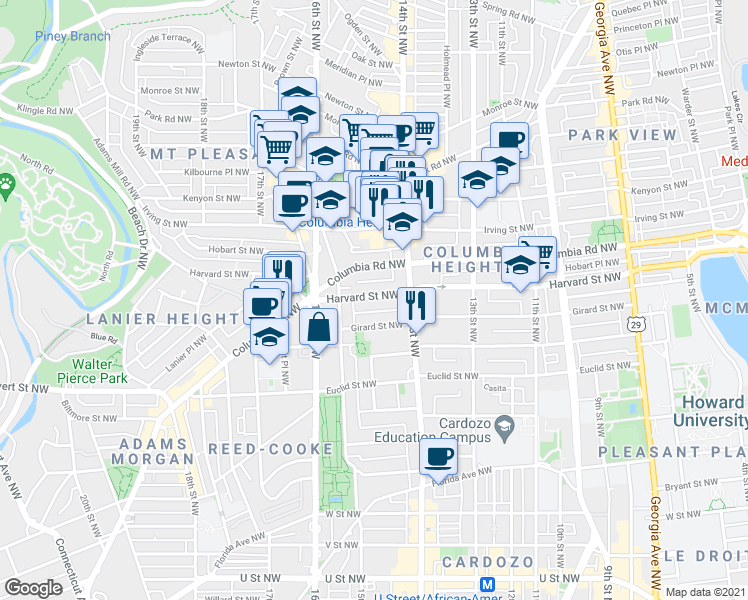map of restaurants, bars, coffee shops, grocery stores, and more near 1447 Harvard Street Northwest in Washington