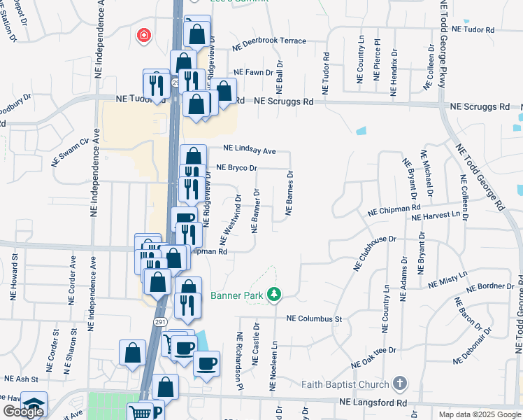 map of restaurants, bars, coffee shops, grocery stores, and more near 801 Northeast Banner Drive in Lee's Summit