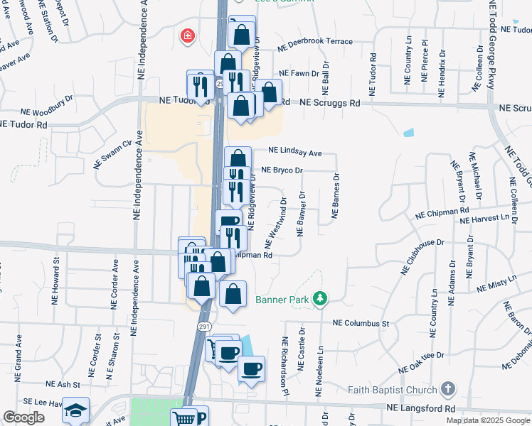 map of restaurants, bars, coffee shops, grocery stores, and more near 803 Northeast Ridgeview Drive in Lee's Summit