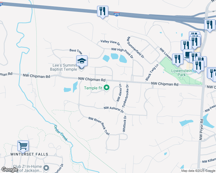 map of restaurants, bars, coffee shops, grocery stores, and more near 611 Northwest Fieldcrest Drive in Lee's Summit