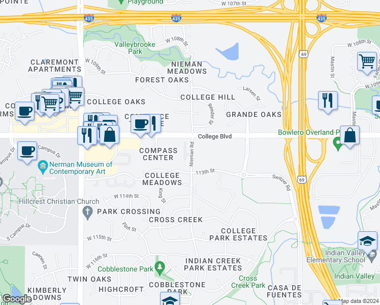 map of restaurants, bars, coffee shops, grocery stores, and more near in Overland Park