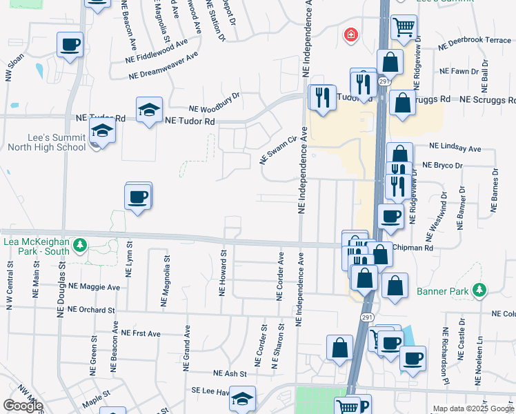 map of restaurants, bars, coffee shops, grocery stores, and more near 601 English Manor Drive in Lee's Summit