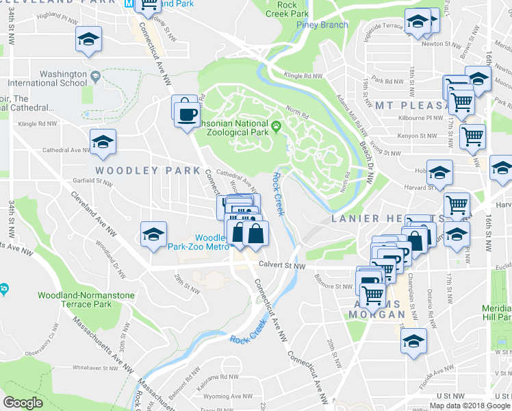 map of restaurants, bars, coffee shops, grocery stores, and more near 2234 Cathedral Avenue Northwest in Washington