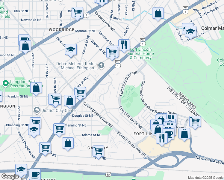 map of restaurants, bars, coffee shops, grocery stores, and more near 3324 Banneker Drive Northeast in Washington