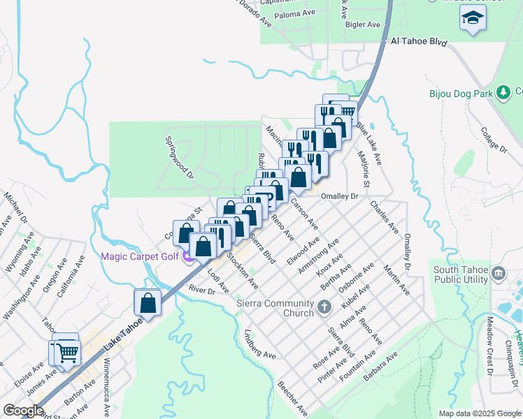 map of restaurants, bars, coffee shops, grocery stores, and more near 2591 Lake Tahoe Boulevard in South Lake Tahoe