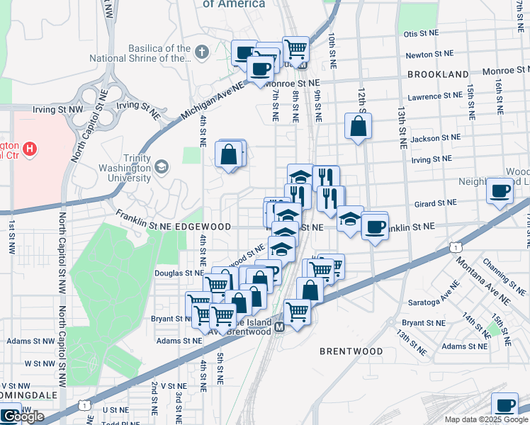 map of restaurants, bars, coffee shops, grocery stores, and more near 645 Girard Street Northeast in Washington