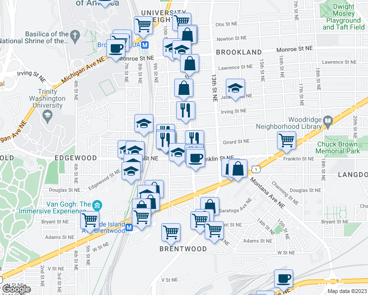 map of restaurants, bars, coffee shops, grocery stores, and more near 1029 Girard Street Northeast in Washington
