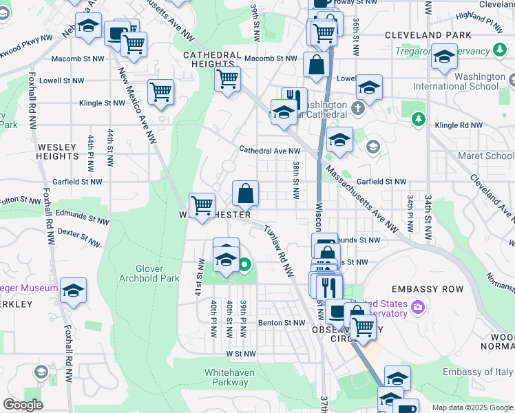 map of restaurants, bars, coffee shops, grocery stores, and more near 3901 Fulton Street Northwest in Washington