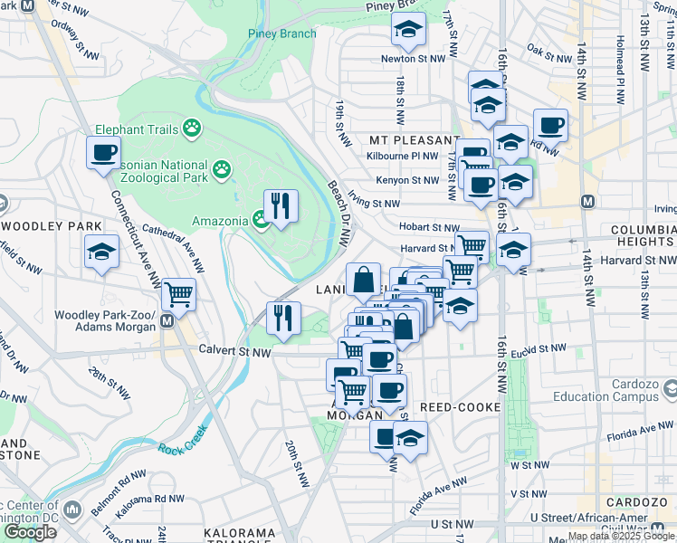 map of restaurants, bars, coffee shops, grocery stores, and more near 2800 Adams Mill Road Northwest in Washington