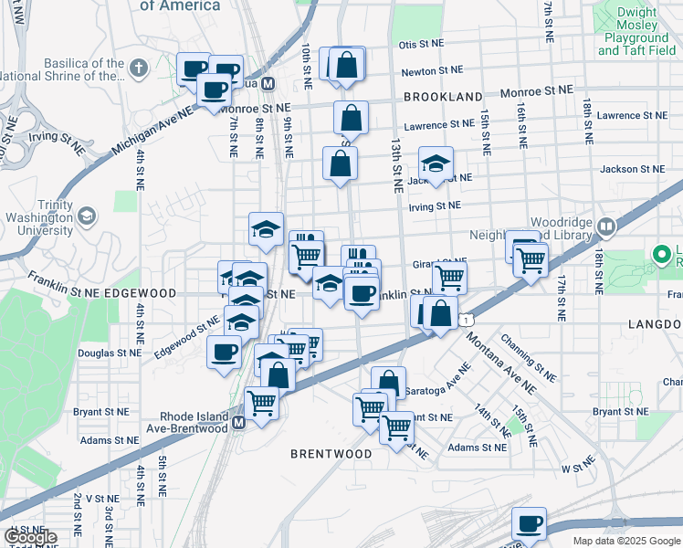 map of restaurants, bars, coffee shops, grocery stores, and more near 1029 Girard Street Northeast in Washington