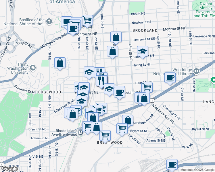 map of restaurants, bars, coffee shops, grocery stores, and more near 1009 Girard Street Northeast in Washington