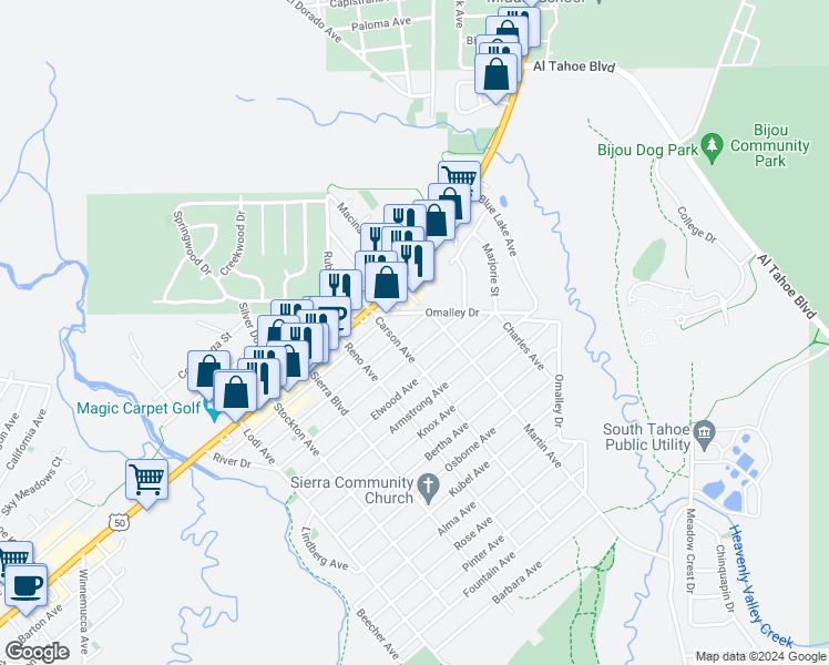 map of restaurants, bars, coffee shops, grocery stores, and more near 1040 Martin Avenue in South Lake Tahoe