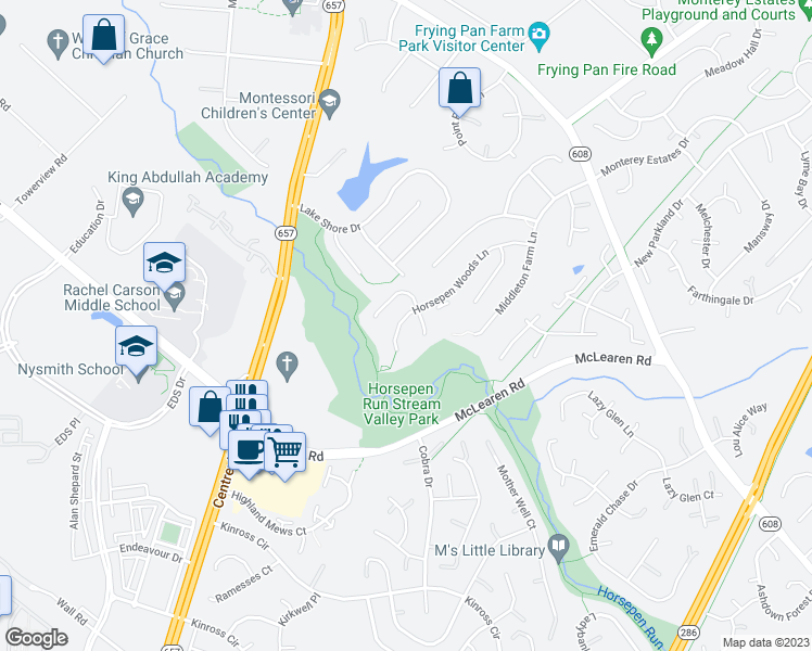 map of restaurants, bars, coffee shops, grocery stores, and more near 13349 Horsepen Woods Lane in Herndon
