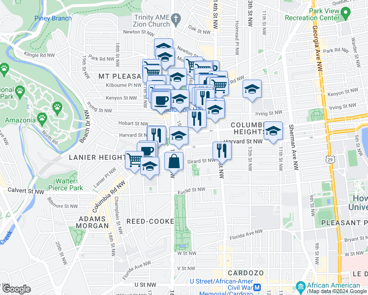 map of restaurants, bars, coffee shops, grocery stores, and more near Harvard Street Northwest & 15th Street Northwest in Washington