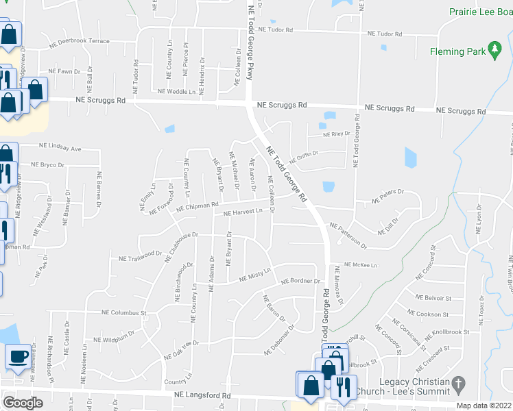 map of restaurants, bars, coffee shops, grocery stores, and more near 1612 Northeast Harvest Lane in Lee's Summit