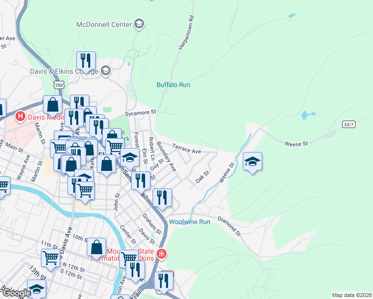 map of restaurants, bars, coffee shops, grocery stores, and more near Terrace Ave in Elkins