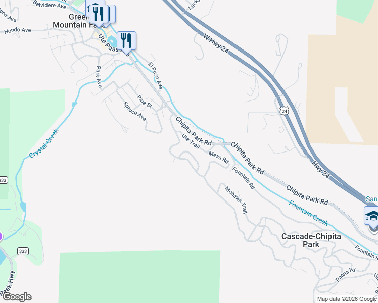 map of restaurants, bars, coffee shops, grocery stores, and more near 10075 Ute Trail in Cascade-Chipita Park