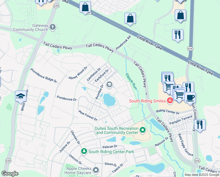 map of restaurants, bars, coffee shops, grocery stores, and more near 24963 Ashgarten Drive in Chantilly
