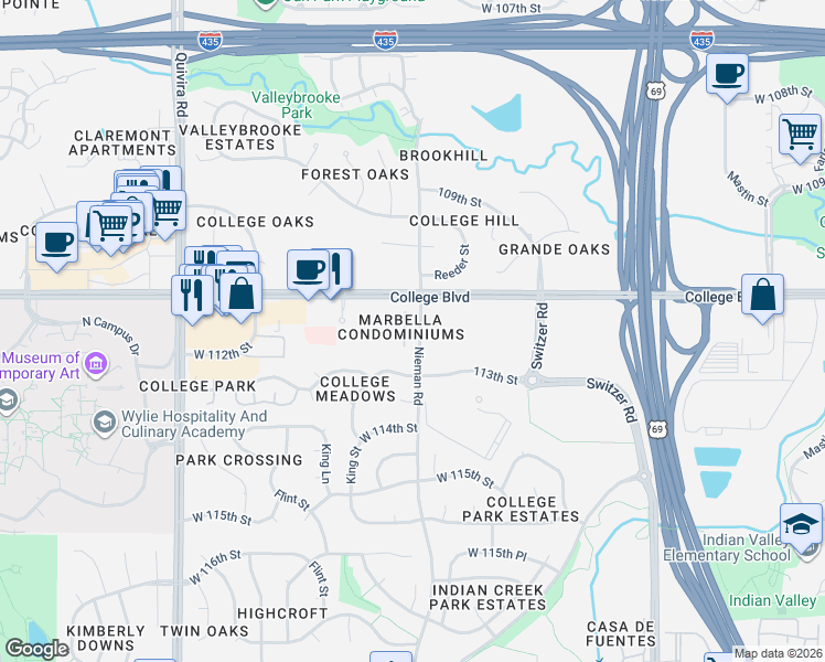 map of restaurants, bars, coffee shops, grocery stores, and more near 11220 Nieman Road in Overland Park