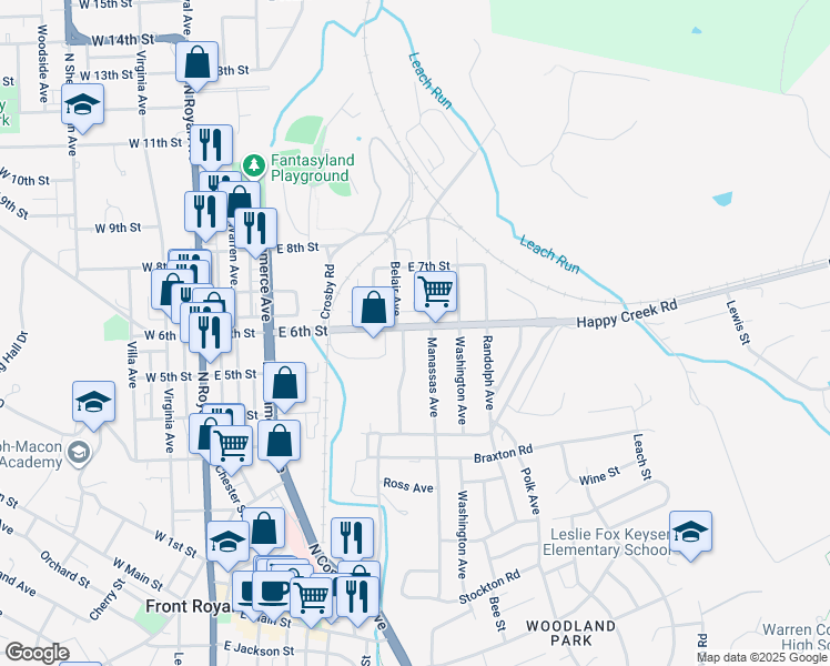 map of restaurants, bars, coffee shops, grocery stores, and more near 511 E 6th St in Front Royal