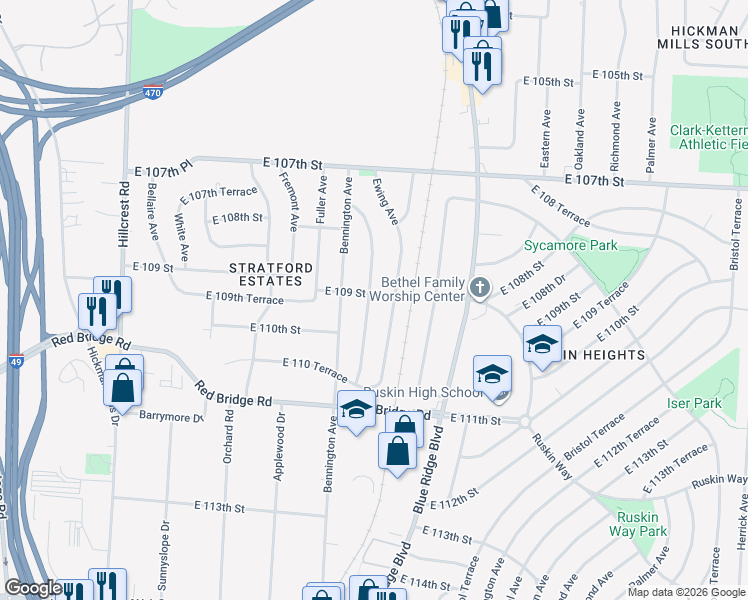 map of restaurants, bars, coffee shops, grocery stores, and more near 10901 Newton Avenue in Kansas City
