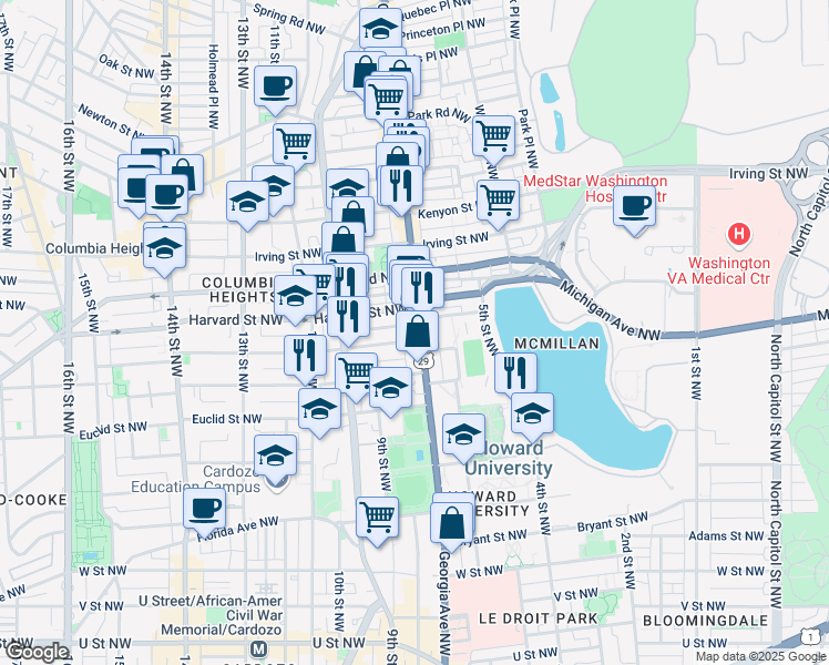 map of restaurants, bars, coffee shops, grocery stores, and more near 2812 Georgia Avenue Northwest in Washington