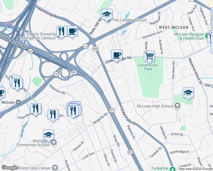 map of restaurants, bars, coffee shops, grocery stores, and more near 1609 Hunting Avenue in McLean