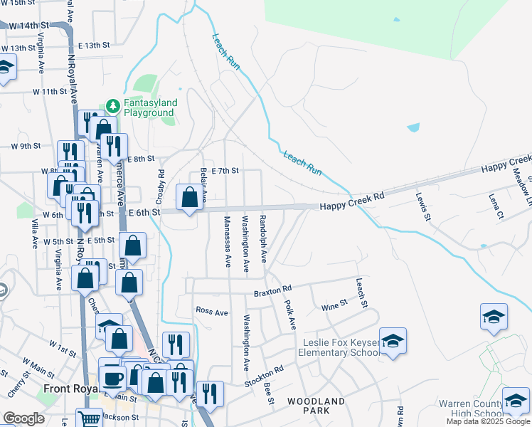 map of restaurants, bars, coffee shops, grocery stores, and more near 531 Randolph Avenue in Front Royal