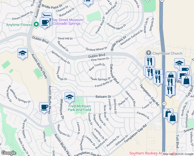 map of restaurants, bars, coffee shops, grocery stores, and more near 6620 Greylock Drive in Colorado Springs