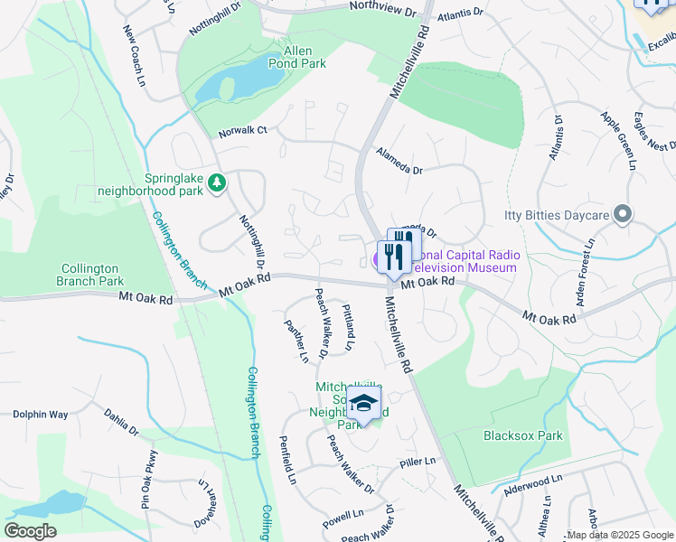 map of restaurants, bars, coffee shops, grocery stores, and more near 15515 Norwegian Ct in Bowie