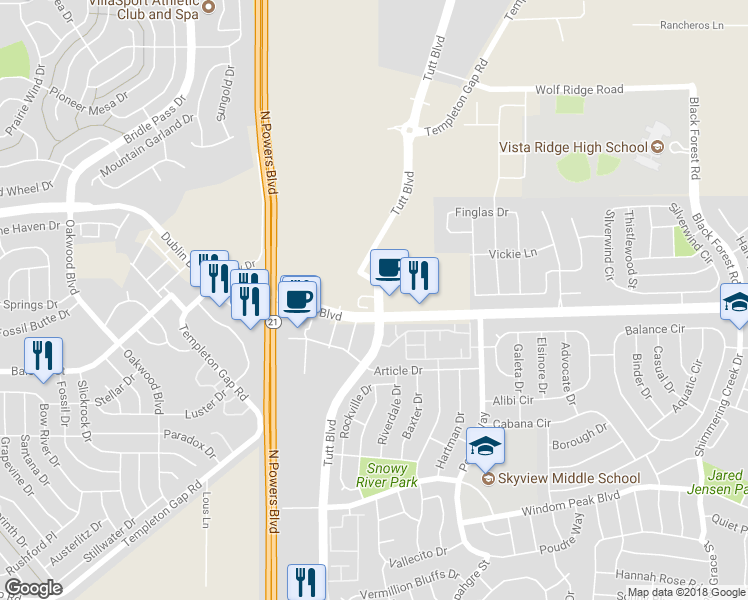 map of restaurants, bars, coffee shops, grocery stores, and more near 6045 Vickie Lane in Colorado Springs