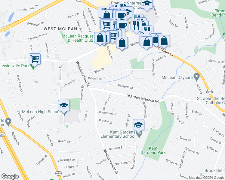 map of restaurants, bars, coffee shops, grocery stores, and more near 6808 Old Chesterbrook Road in McLean