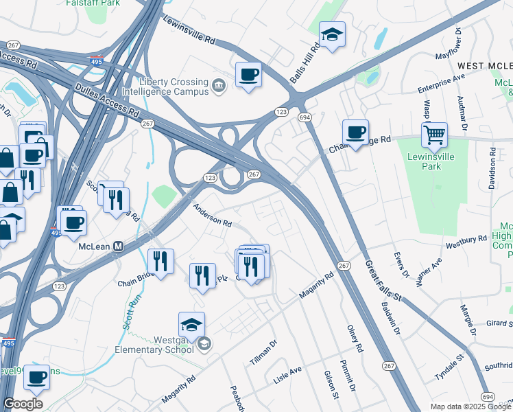 map of restaurants, bars, coffee shops, grocery stores, and more near 1601 Colonial Lane in McLean