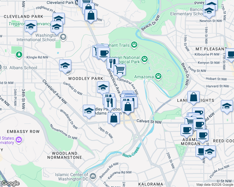 map of restaurants, bars, coffee shops, grocery stores, and more near 2726 Connecticut Avenue Northwest in Washington