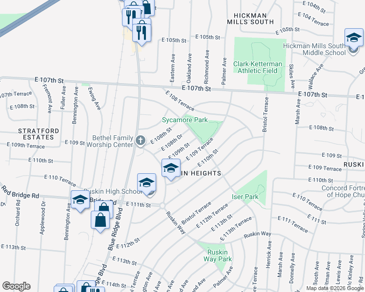 map of restaurants, bars, coffee shops, grocery stores, and more near 7305 East 108th Drive in Kansas City