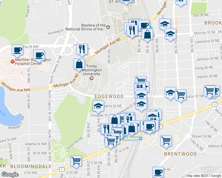 map of restaurants, bars, coffee shops, grocery stores, and more near 2827 4th Street Northeast in Washington