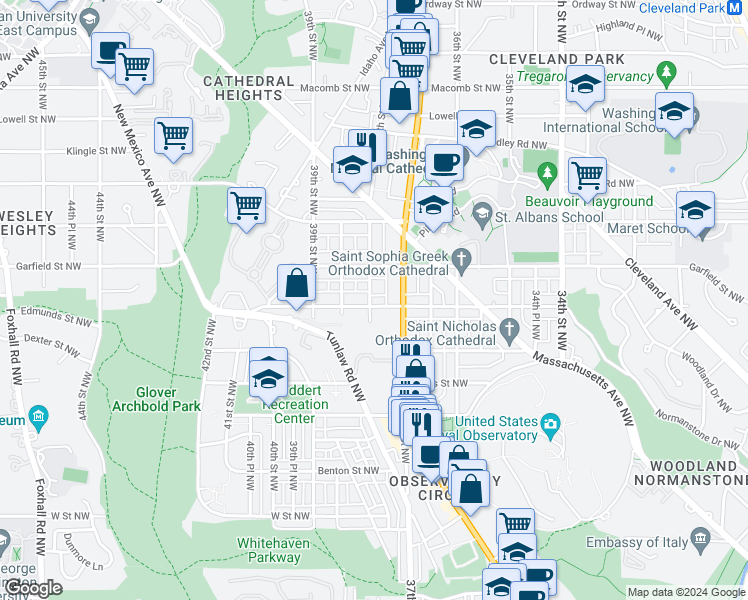 map of restaurants, bars, coffee shops, grocery stores, and more near 2801 38th Street Northwest in Washington