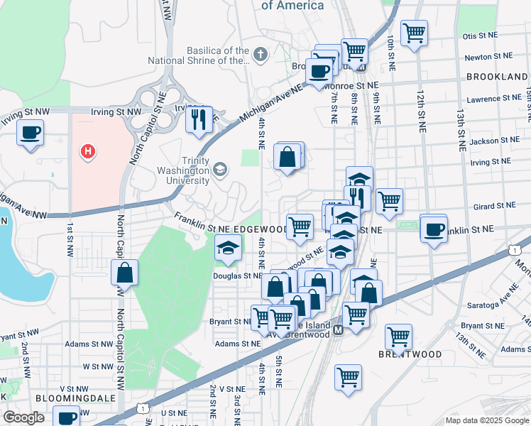 map of restaurants, bars, coffee shops, grocery stores, and more near 2827 4th Street Northeast in Washington