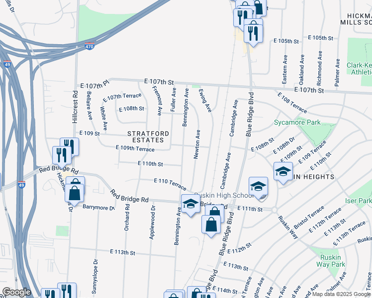 map of restaurants, bars, coffee shops, grocery stores, and more near 10901 Bennington Avenue in Kansas City