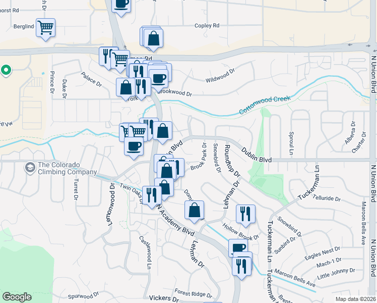map of restaurants, bars, coffee shops, grocery stores, and more near 6580 Dublin Circle in Colorado Springs