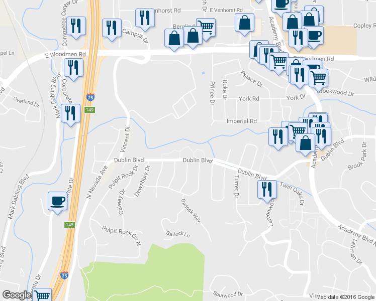 map of restaurants, bars, coffee shops, grocery stores, and more near 1205 Willow Bend Circle in Colorado Springs