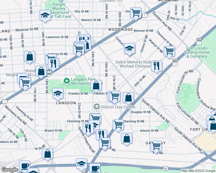 map of restaurants, bars, coffee shops, grocery stores, and more near 2813 26th Street Northeast in Washington