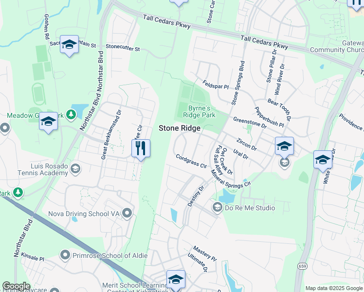 map of restaurants, bars, coffee shops, grocery stores, and more near 24971 Halite Drive in Stone Ridge