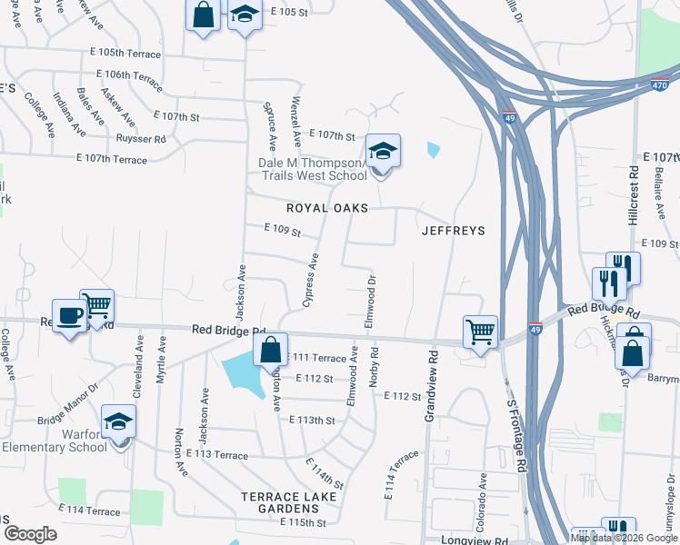 map of restaurants, bars, coffee shops, grocery stores, and more near 10929 Cypress Avenue in Kansas City