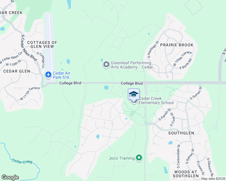 map of restaurants, bars, coffee shops, grocery stores, and more near 25009-25429 College Boulevard in Olathe