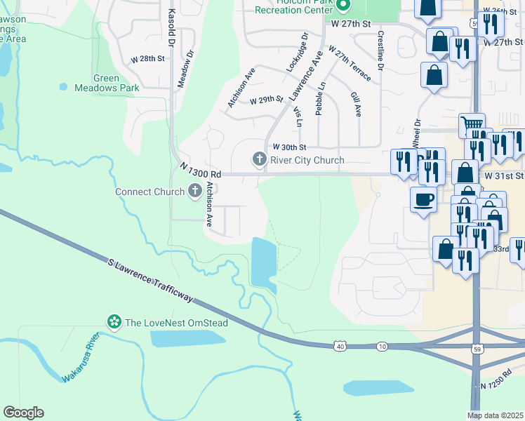 map of restaurants, bars, coffee shops, grocery stores, and more near 3015 West 31st Street in Lawrence