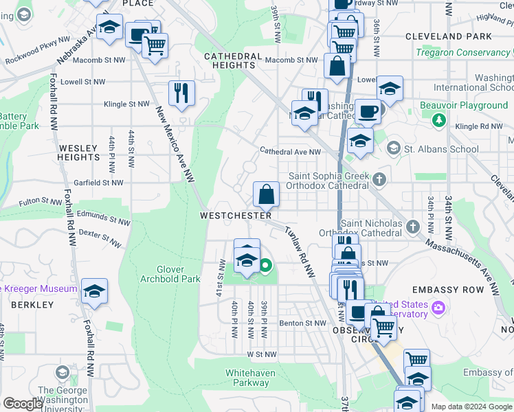 map of restaurants, bars, coffee shops, grocery stores, and more near 3925 Fulton Street Northwest in Washington