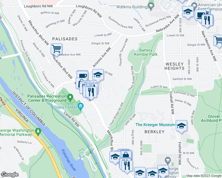 map of restaurants, bars, coffee shops, grocery stores, and more near University Terrace NW & Battery Pl NW in Washington